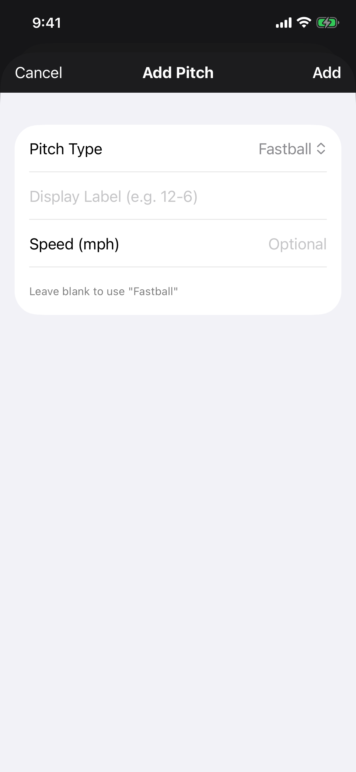 PitchKallr add-pitch sheet showing pitch type, an optional display label, and speed