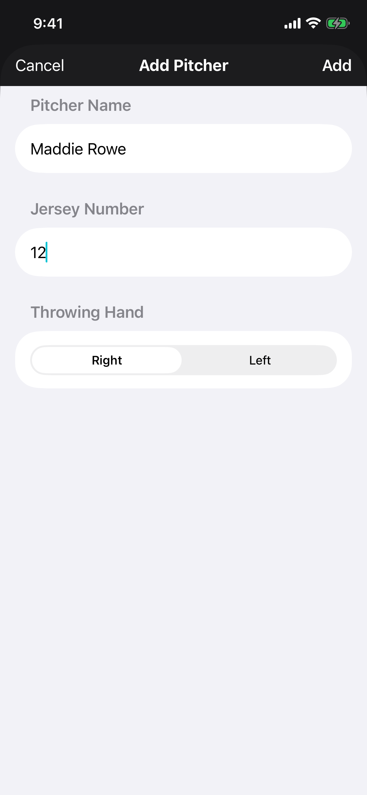 PitchKallr add-pitcher form with name, jersey number, and throwing hand