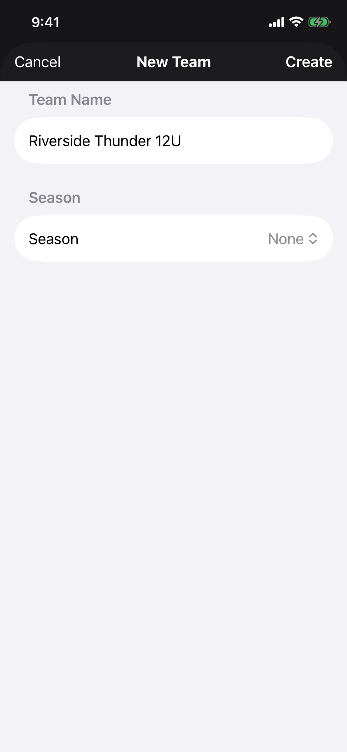 PitchKallr create-team screen with team name and season fields