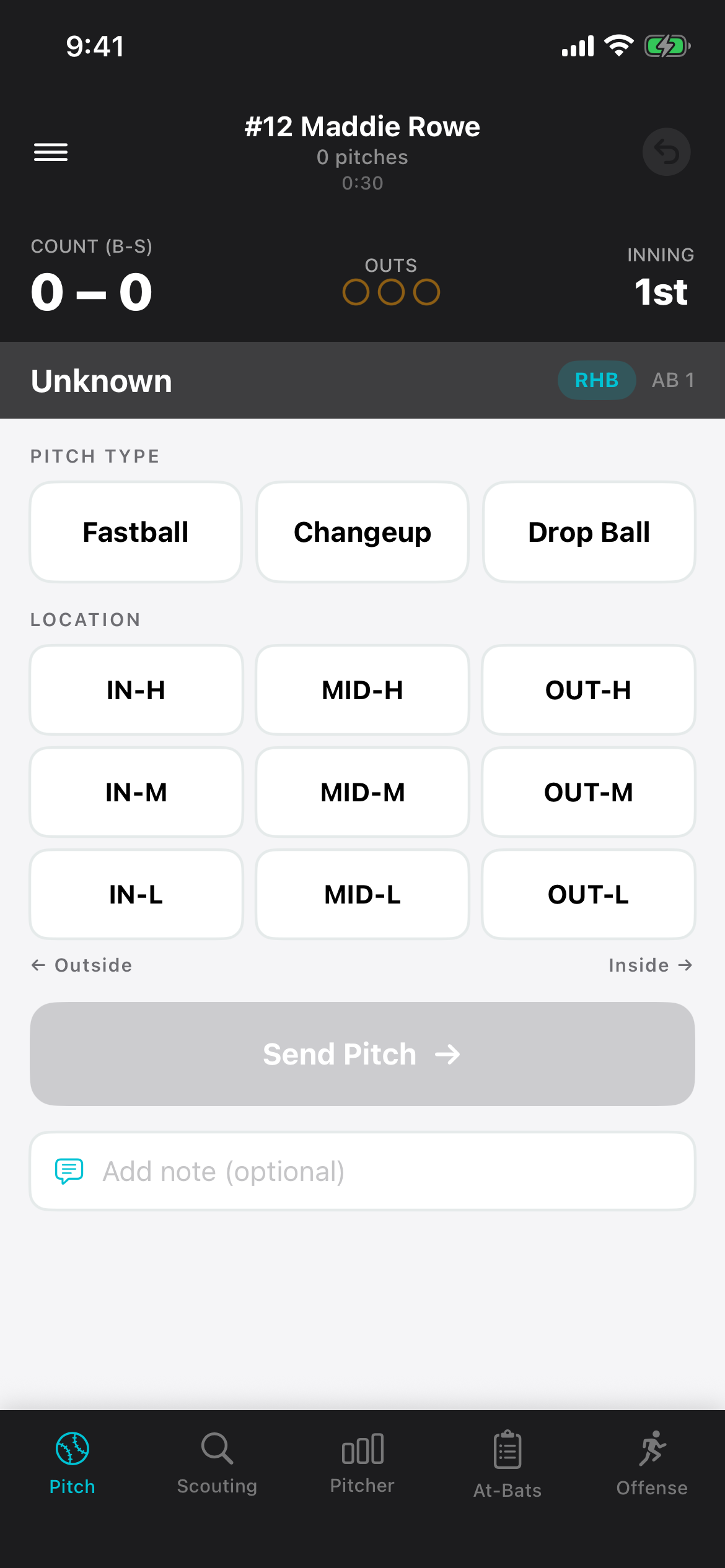 PitchKallr in-game slide-out menu with change pitcher, pitchout, lineup, and end game options