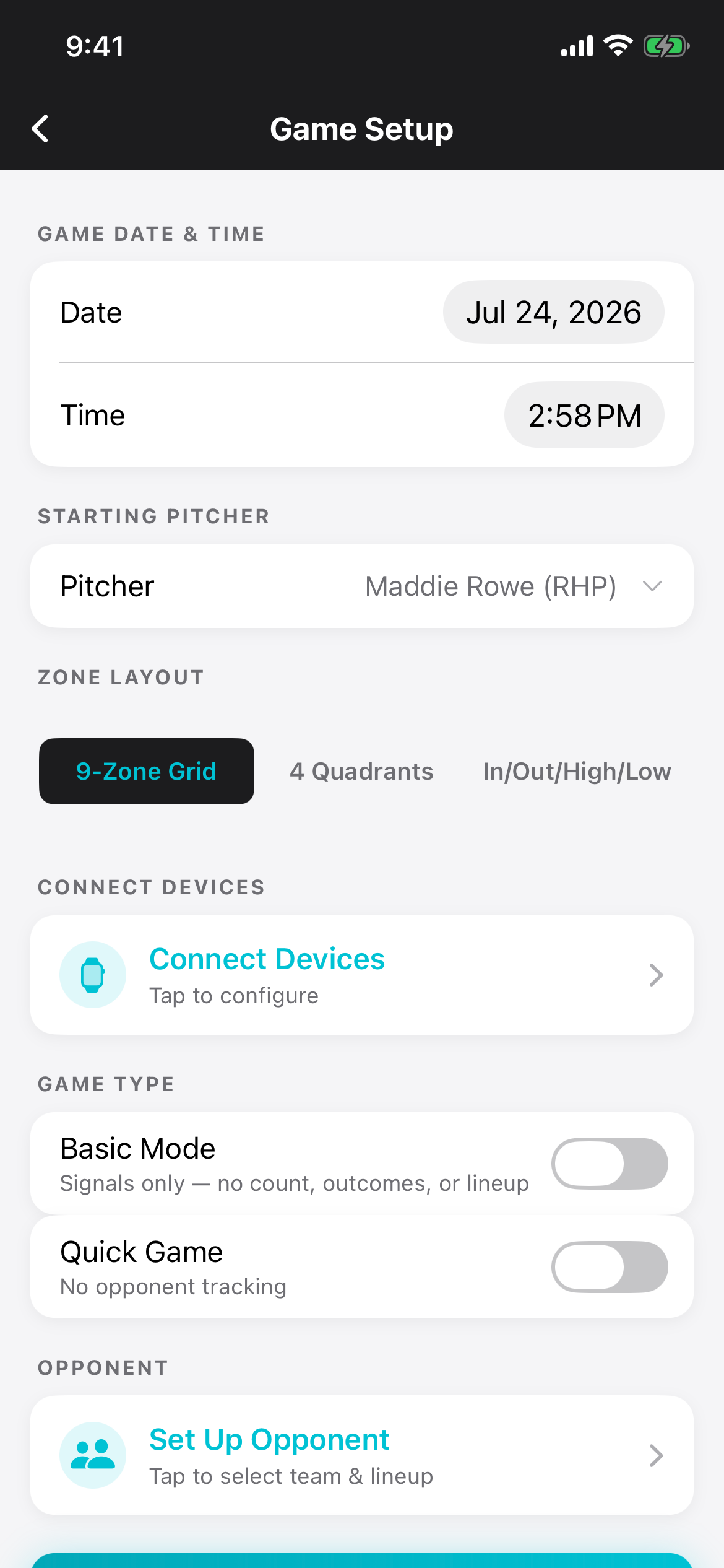 PitchKallr game setup screen showing date, starting pitcher, zone layout, and game type toggles