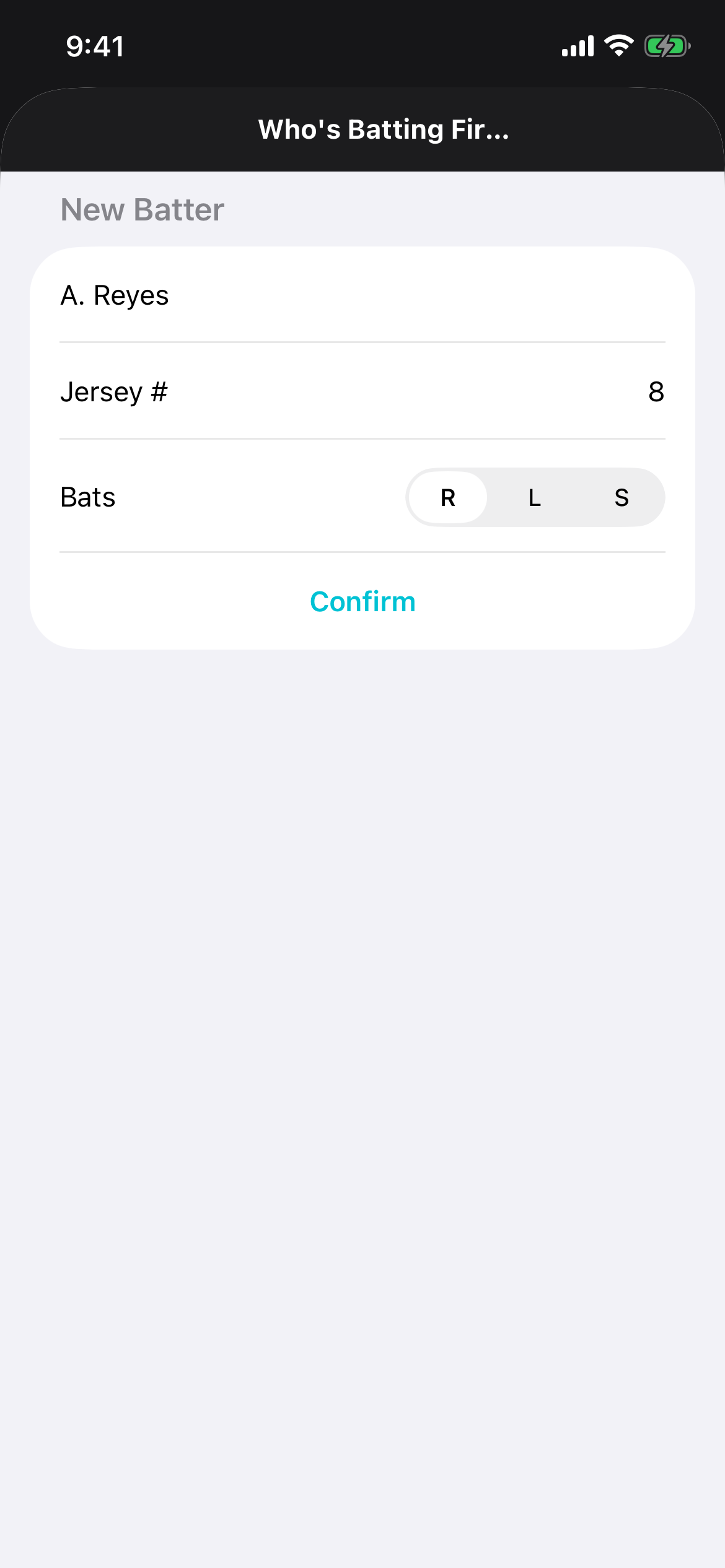 PitchKallr prompt asking who is batting first, with name, jersey number, and batting side