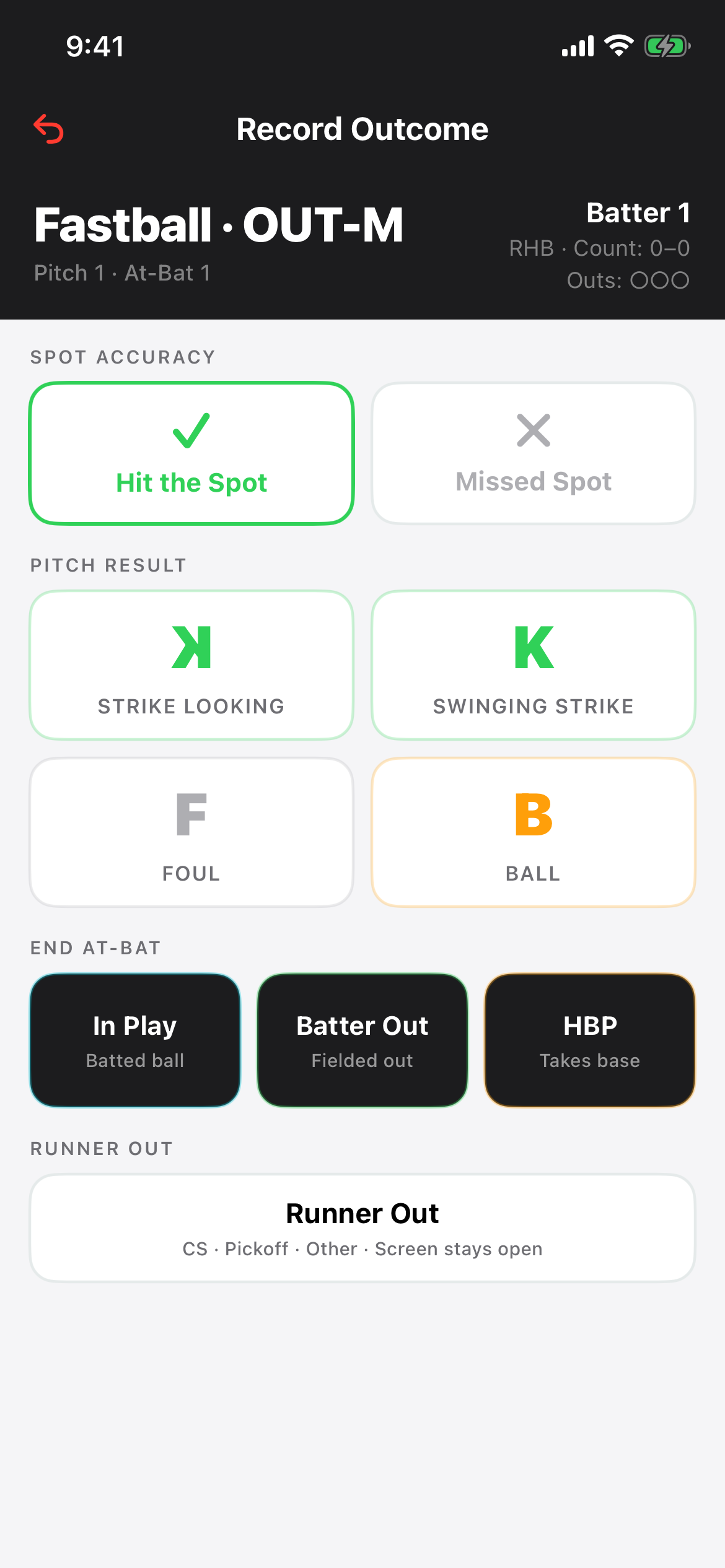 PitchKallr record-outcome screen showing spot accuracy, pitch result, and end-at-bat options