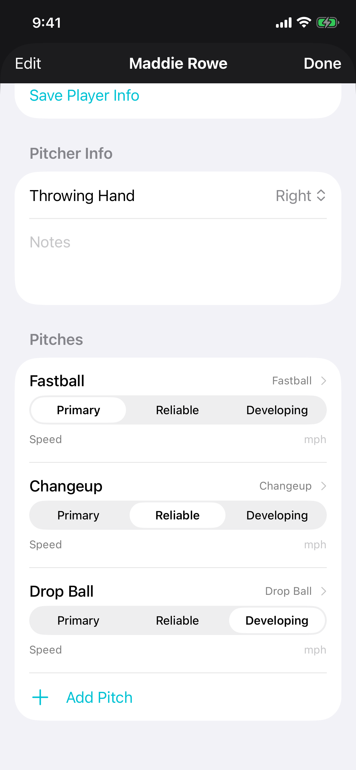PitchKallr pitcher profile listing a fastball set to Primary, changeup set to Reliable, and drop ball set to Developing