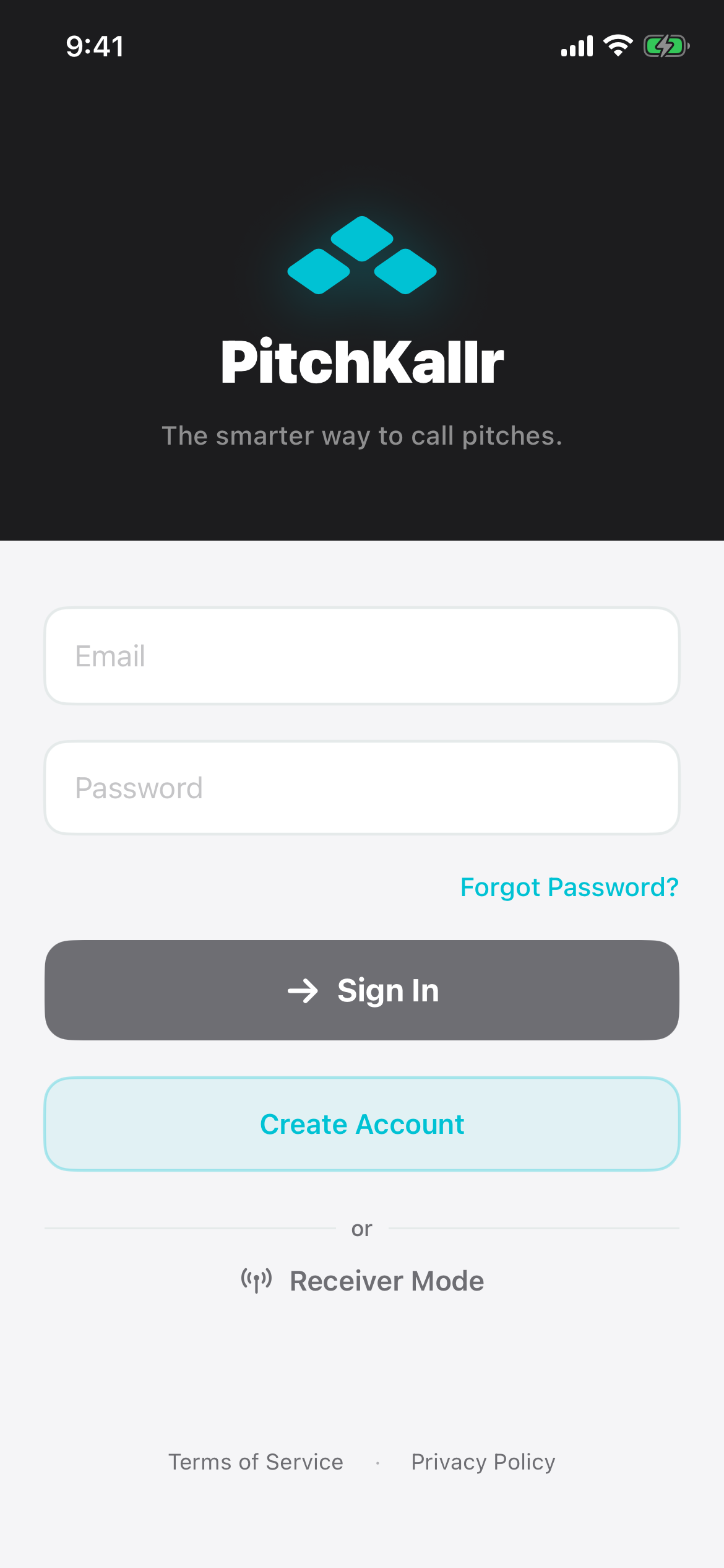 PitchKallr login screen with the Receiver Mode button below the sign-in form