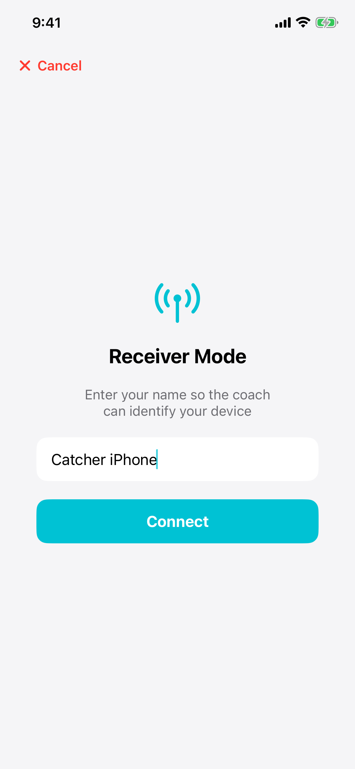 PitchKallr receiver mode asking for a device name, with the Connect button