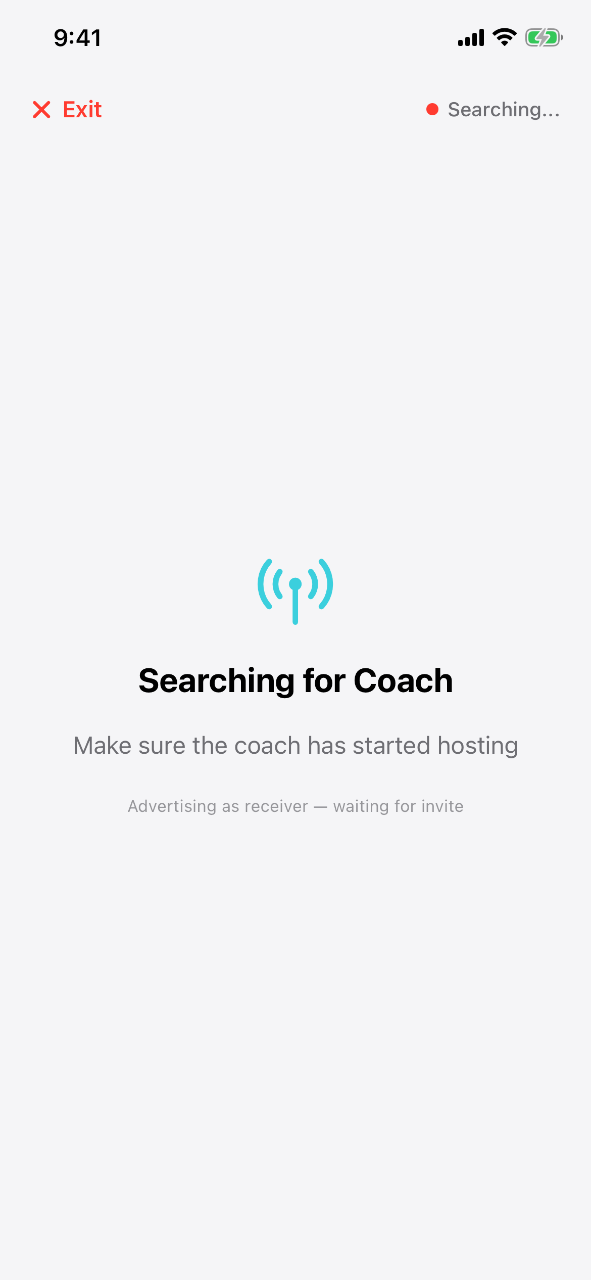 PitchKallr receiver showing Searching for Coach and a reminder that the coach must start hosting