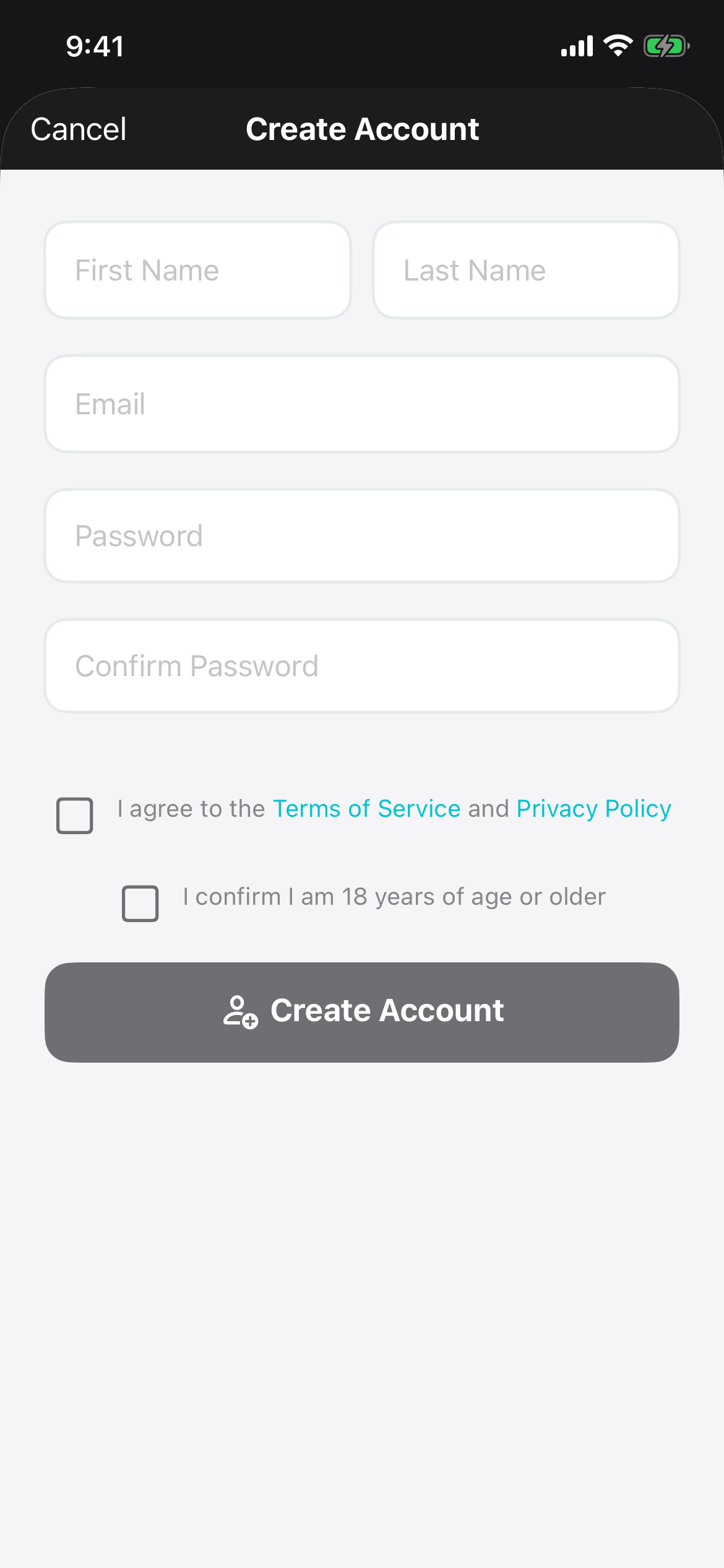 PitchKallr create-account screen with name, email, password, terms agreement, and 18-or-older confirmation