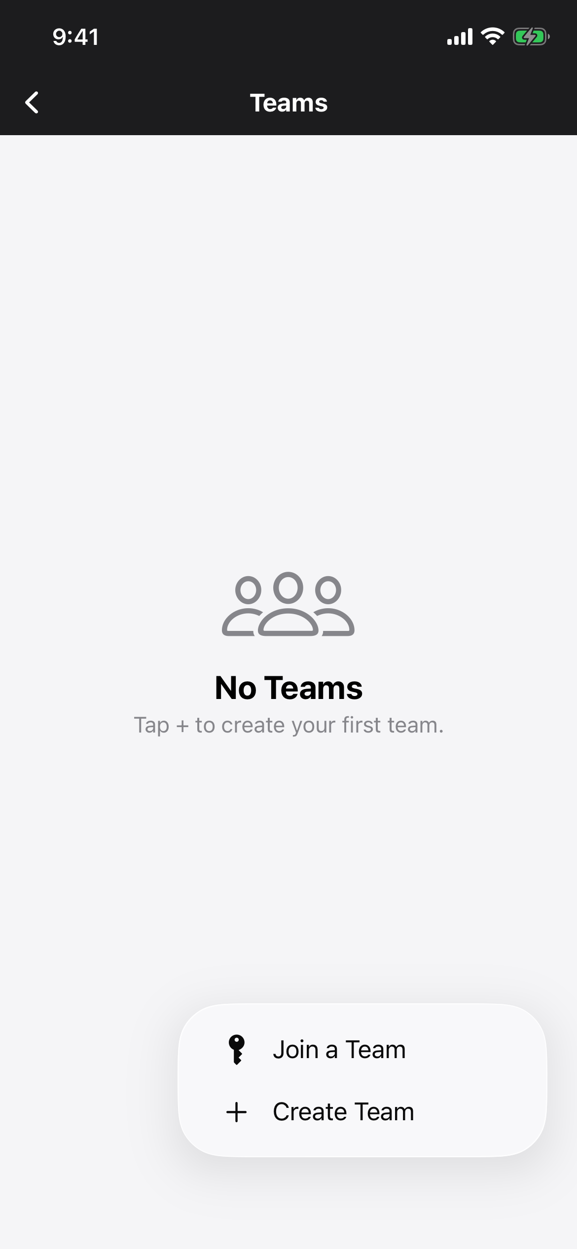 PitchKallr teams screen showing the choice between Join a Team and Create Team