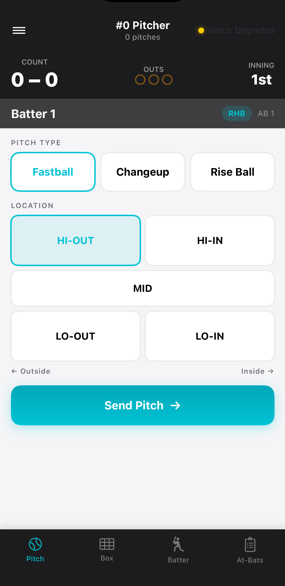 PitchKallr pitch calling screen — select pitch type and zone