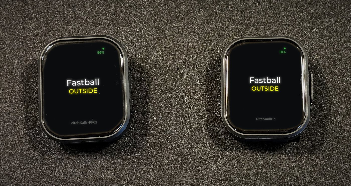 Two PitchKallr Watches showing the same call: Fastball, OUTSIDE.